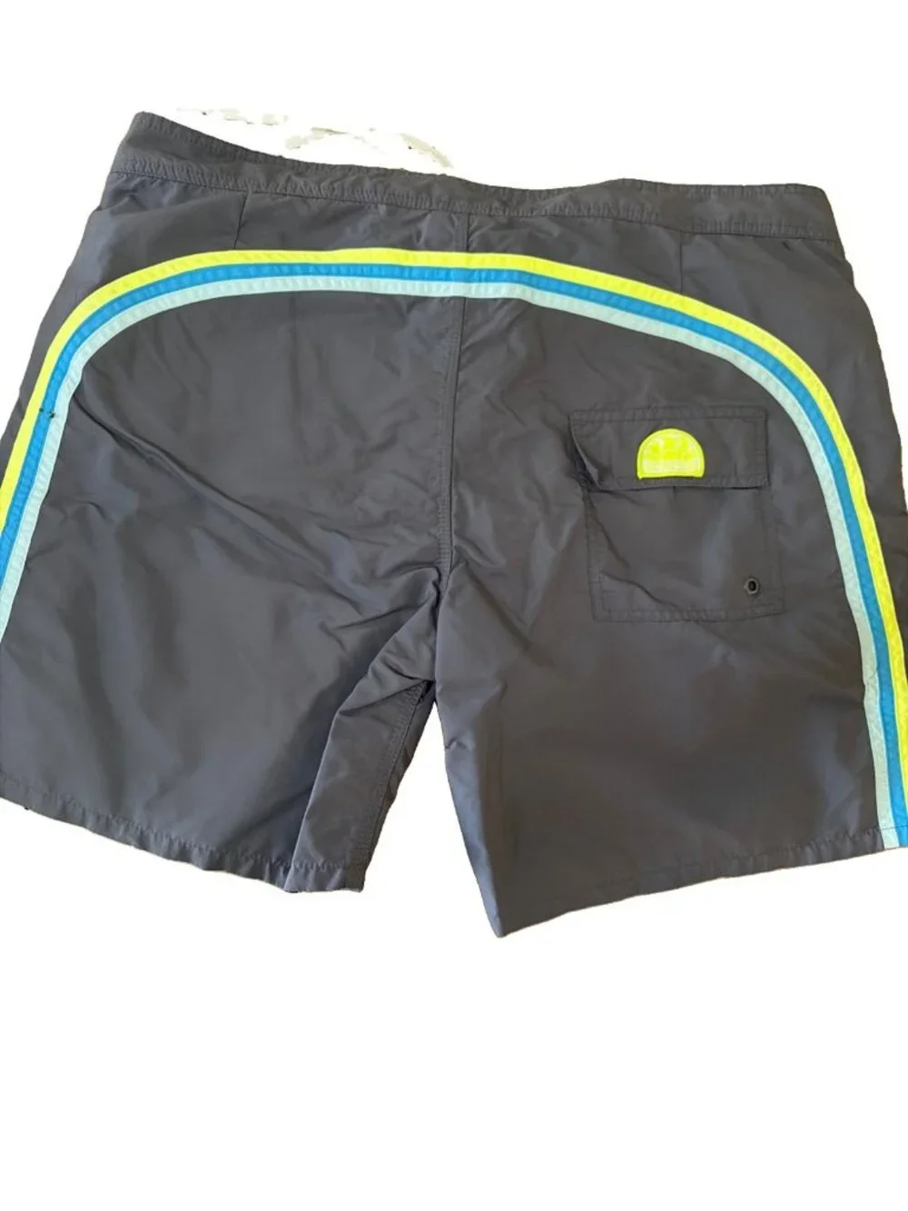 Sundek Mens Board Shorts Black Blue Yellow Gray Rainbow Stripe Swim Trunks Sz 38